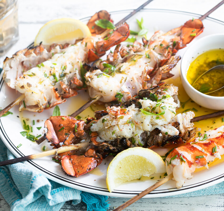 Grilled Maine Lobster Tail Kebabs with Lemon Herb Butter recipe image