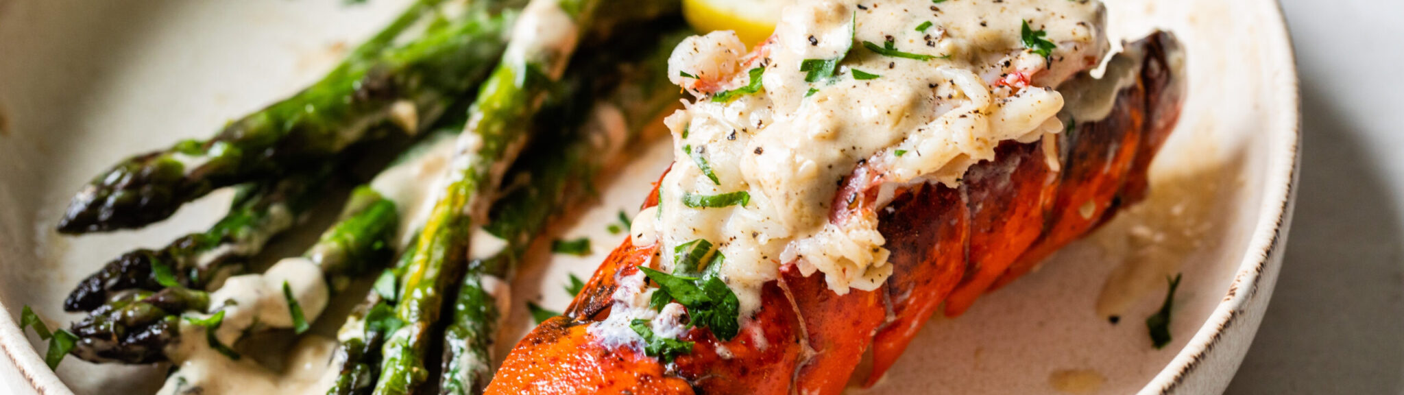 Maine Lobster Tails with Creamy Lemon Parmesan and Asparagus recipe image