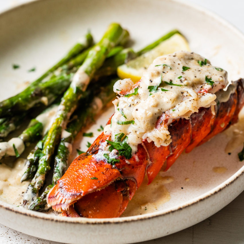 Maine Lobster Tails with Creamy Lemon Parmesan and Asparagus recipe image